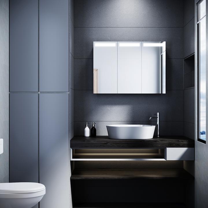 Actual product image SONNI LED-beleuchteter Spiegelschrank, 90 x 65 cm, 3 Türen Edelstahl, Badezimmerspiegelschrank mit S