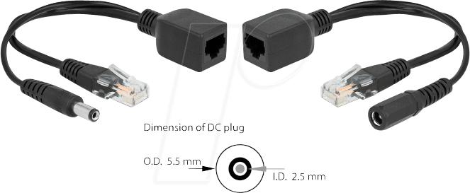 Produktbild Delock PoE Converter 9-57V passiv Set, 100Mbps, DC 5,5 x 2,5mm (802.3at (PoE+), 45.60 W)