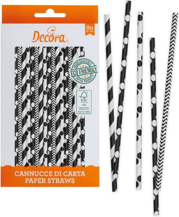 Decora 80er-Pack Papier Strohhalme Bio Abbaubare Schwarzweiss ø6x210mm (1x)