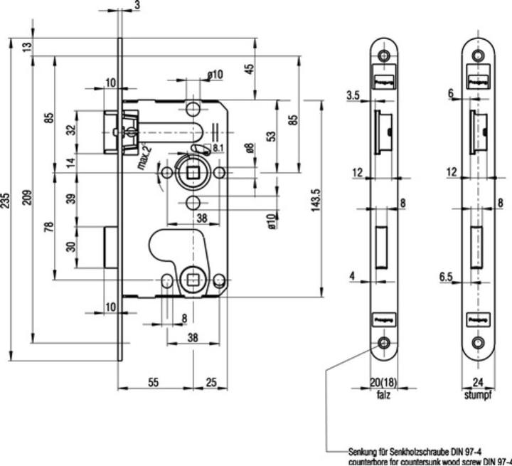 Actual product image BKS Room door mortice lock 0215 BAD 18/ 55/78/8 mm DIN right silver rounded Class 1 PVC-U (Mortise lock)
