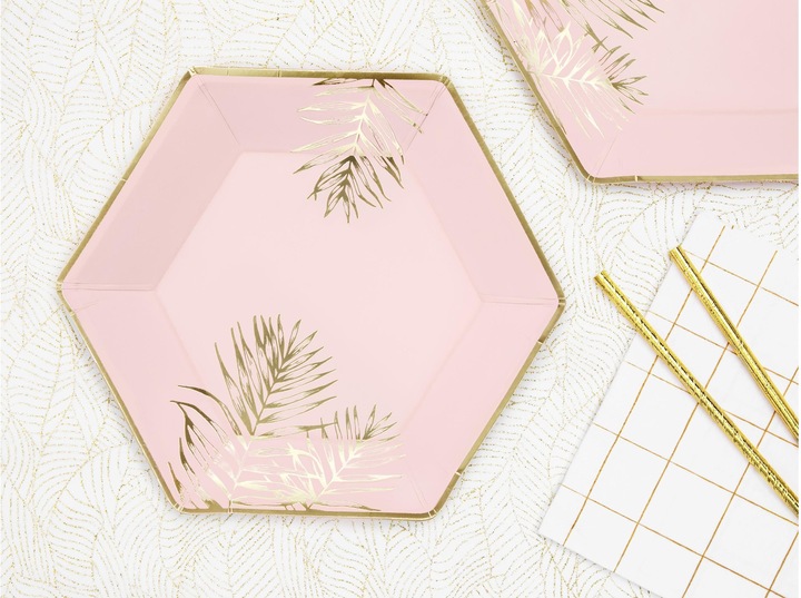 Actual product image Partydeco Pink paper plates with golden leaves (6 pcs) (6 x)