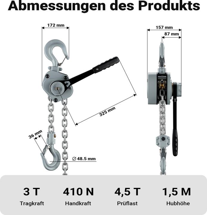 Produktbild Wiltec Mini Hebelzug bis 3t Handkettenzug 1,5m Hubhöhe Kettenzug Hebezeug