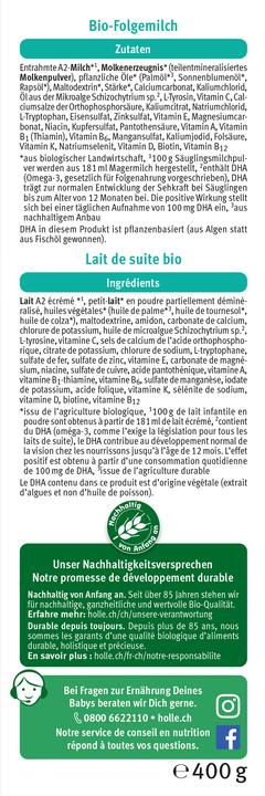 Valeurs nutritives et ingrédients Holle A2 Folgemilch (400 g, à partir de 6 m.)