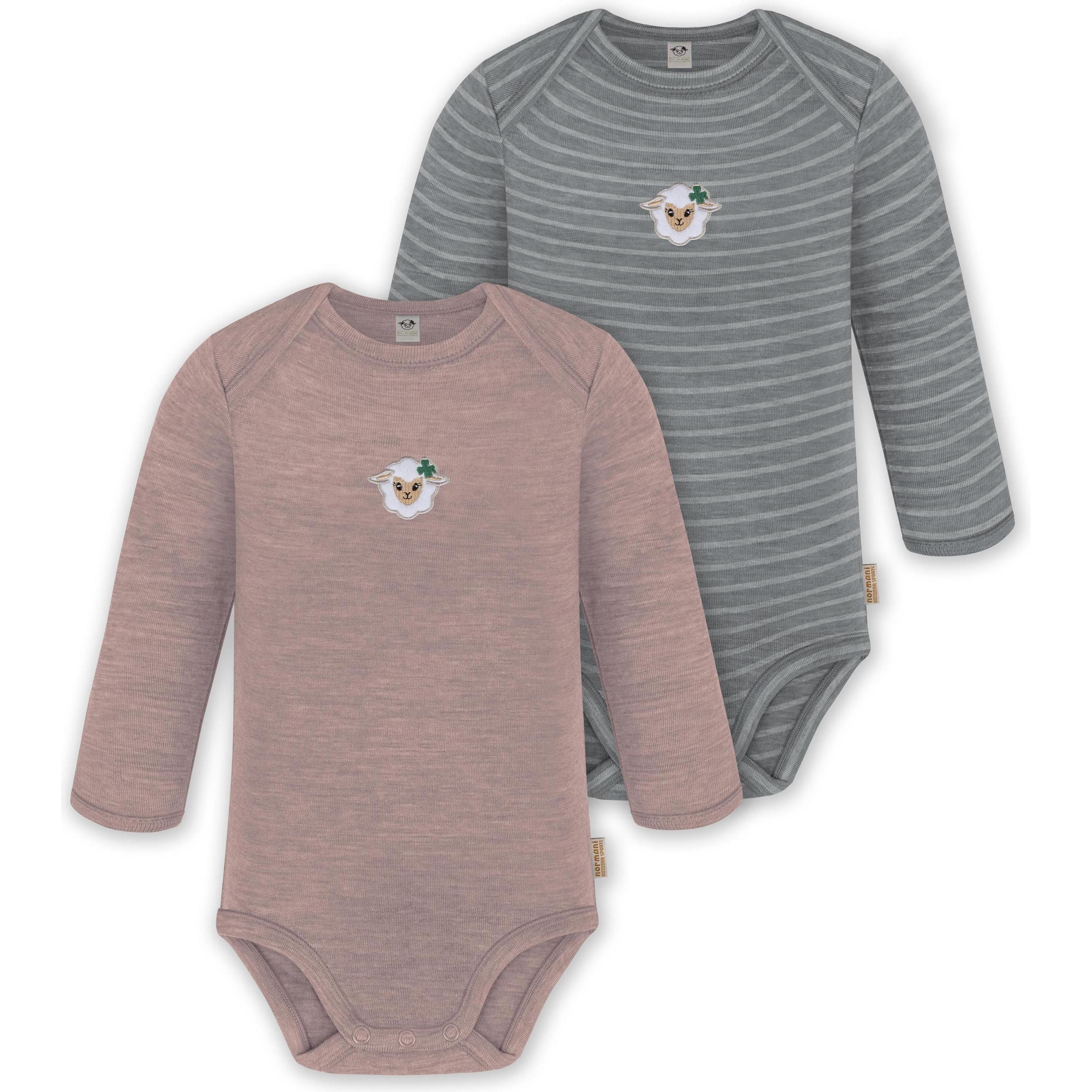 Normani, Herren, Body, 2er Pack Baby Merino Body Langarm „Auckland" - 9373, Rosa, Grau, (68)