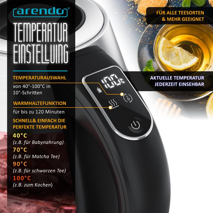 Actual product image Arendo Wasserkocher mit Temperatureinstellung aus Glas & Edelstahl, Teesieb, Teekocher, 1,8 L, 2200 W (1.80 l)