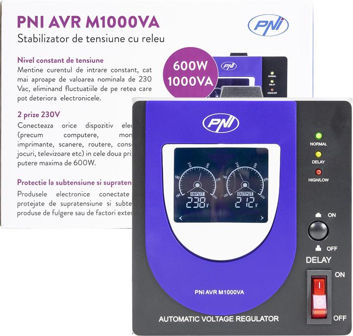 Image du produit PNI Stabilisateur de tension avec relais AVR M1000VA, 2,7A, 600W, 1000VA (1000 VA, 600 W, ASI line-interactive)