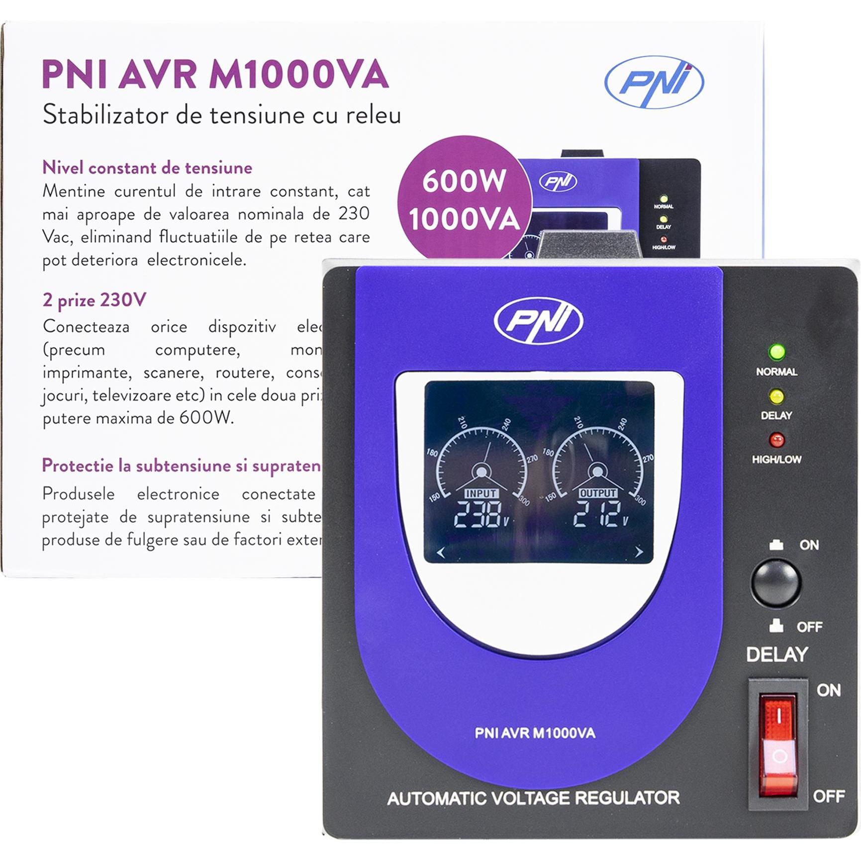 PNI Spannungsstabilisator mit Relais AVR M1000VA, 2,7A, 600W, 1000VA (1000 VA, 600 W, Online-Doppelwandler USV), USV