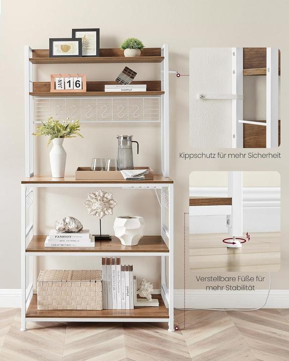 Produktbild Songmics Küchenregal Steckdosen Mikrowellenregal Haken Walnussbraun (80 x 40 x 170 cm)