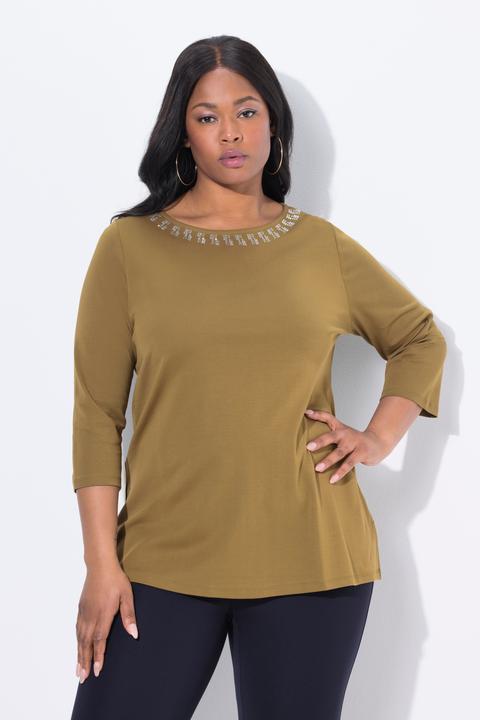 Actual product image Ulla Popken Rhinestone Boat Neck 3/4 Sleeve Top (50, 52)