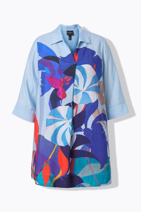 Immagine prodotto Ulla Popken Camicetta lunga, a righe/fiori, dal taglio lungo e svasato, colletto da camicia e maniche a 3/4 (58, 60)