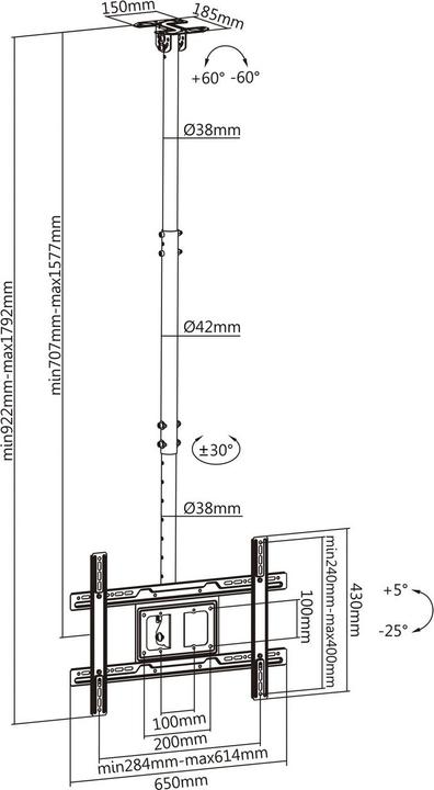 Actual product image Aisens Soporte Techo Giratorio Inclinable Extensible Monitor TV 50kg 37-80 Negro (Ceiling, 50 kg, 37" - 80")