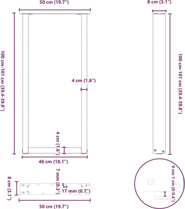 Produktbild vidaXL Couchtischbeine U-Form 2 Stk. Schwarz 50x(100-101) cm Stahl Tischbein