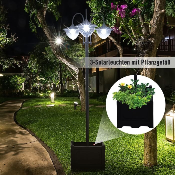Produktbild Swisshandel24 Solarleuchte Gartenlicht 3-köpfige Lampe mit Blumentopf-Basis Wasserdicht Edelstahl 60 x 55 x 189 cm (IP44)