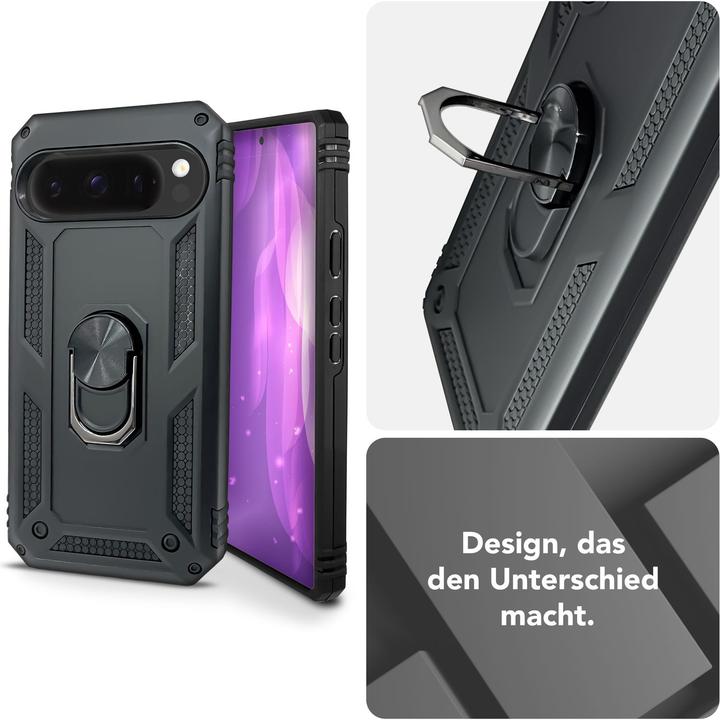 Produktbild Nalia RingDefend - Schwarze Panzerhülle mit 360-Grad Finger-Halter & Ständer - Military Style Cover (Google Pixel 9 Pro Fold)