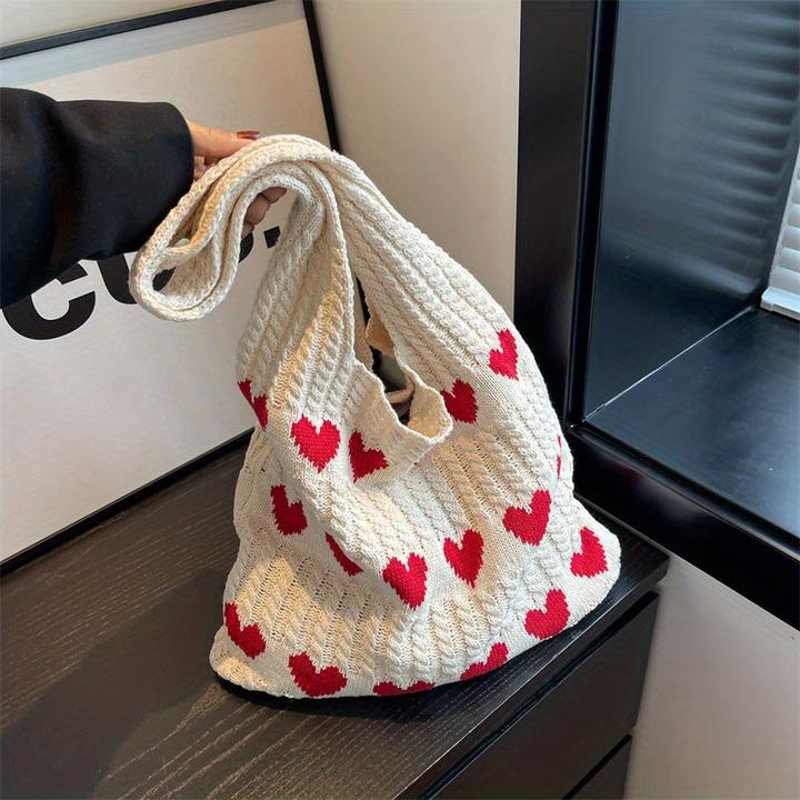 Actual product image Only-Bags.Store Minimalist hobo bag with love pattern, knitted shopping bag, lightweight holiday bag