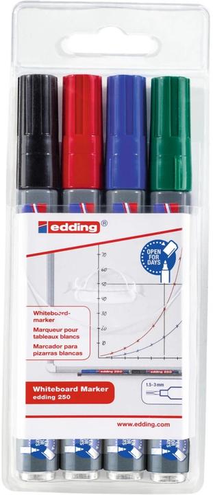 Produktbild Edding 250 Whiteboard-Marker farbsortiert 1,5 - 3,0 mm, 4 St. (Blau, Rot, Grün, Schwarz, 3 mm, 4 x)