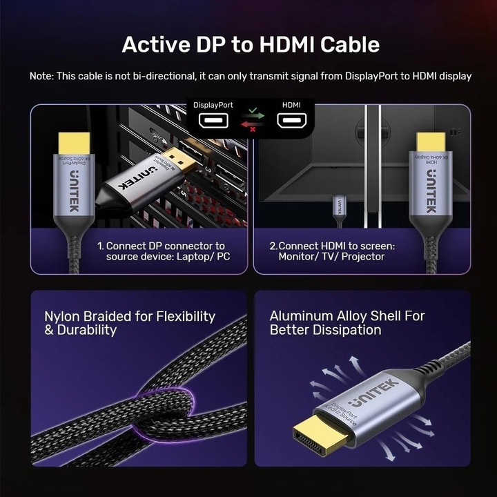 Produktbild Unitek KABEL DISPLAYPORT 1.4 DO HDMI 2.1 8K 1 8M (1.80 m, DisplayPort)