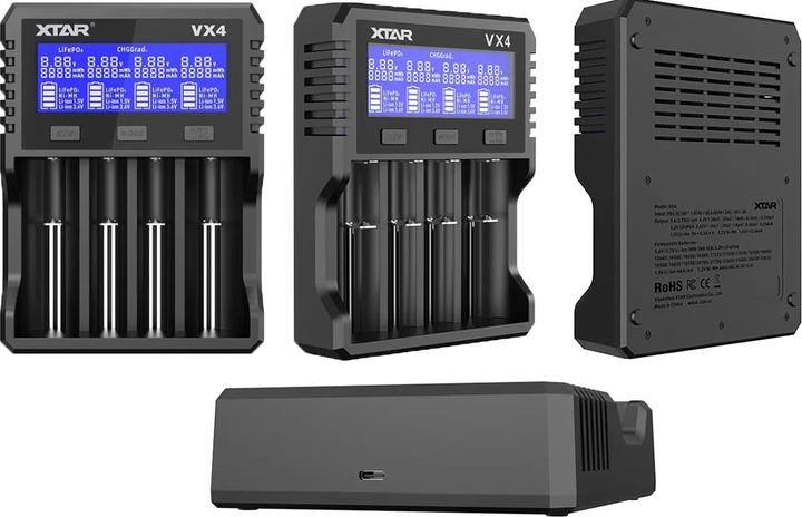 Produktbild Xtar VX4 Ladegerät, lädt 1,5V, 3,7V Li-Ion Akkus, 3,2V LiFePO4 und 1,2V NiMH Akkus, ohne Netzteil (10440, 10500, 12340, 12500, 12650, 13450, 13500, 13650, 14350, 14430, 14500, 14650, 16340, 16500, 16650, 17350, 17500, 17650, 17670, 18350, 18490, 18500, 18650, 20700, 21700, 22500, 22650, 25500, 26500, 26650, 32650, AA, AAA)