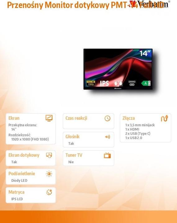 Actual product image Verbatim PMT-14 Portable Touchscreen Monitor 14" Full HD 1080p Metal Housing (1920 x 1080 pixels, 14")