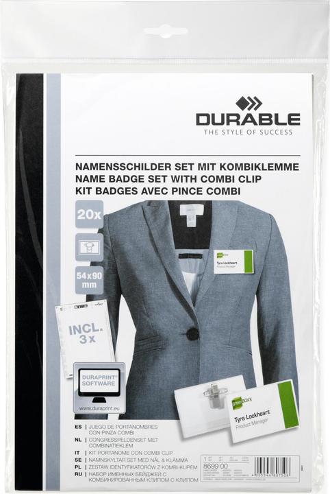 Produktbild Durable Namensschilder-Set 54x90 mm mit Kombiklemme Btl.à 20 1 Pg. à 20 Stück 869900