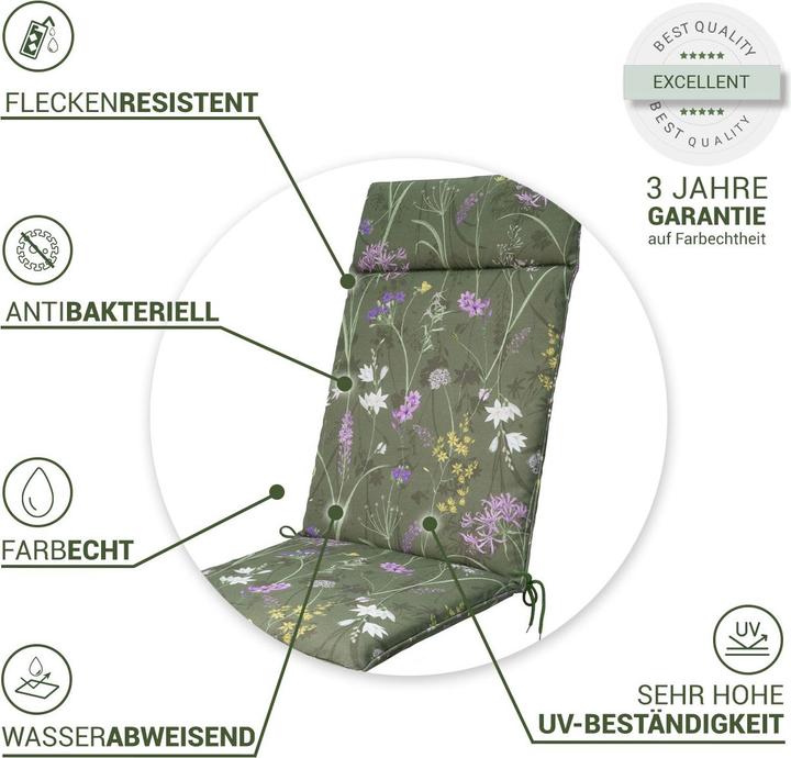 Produktbild Natura Punto 2er-Set Hochlehner-Auflage, Gartenstuhlkissen wasserabweisend, Blumenmuster grün, 120x50cm (120 x 50 cm)