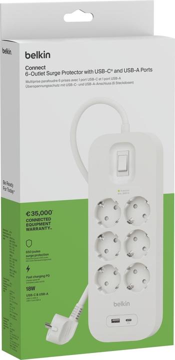 Produktbild Belkin Steckdosenleiste 6-fach + USB-A+C,650J,18W,2m SRB002vf2MV2 (6 x, CEE 7/3, USB-A, USB-C, 2 m)