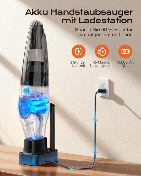 Produktbild Topipop Akku Handstaubsauger GV09D inkl. LED-Licht, 3 Aufsätzen und Ladestation
