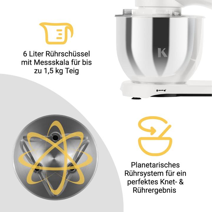 Produktbild KLAMER Küchenmaschine, Knetmaschine mit 6 Liter Edelstahl Schüssel (1800 W)
