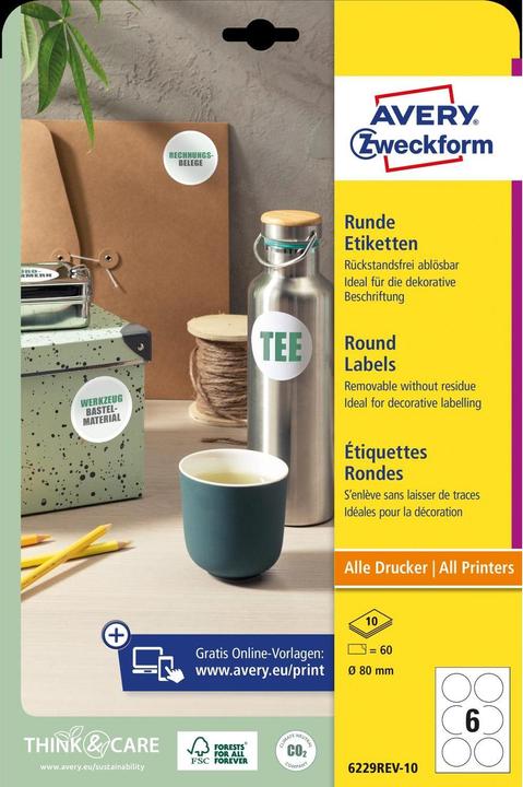 Produktbild Avery Zweckform Kennzeichnungsetiketten, Durchmesser: 80 mm weiss, rund, wiederverwendbar, Papier blanko