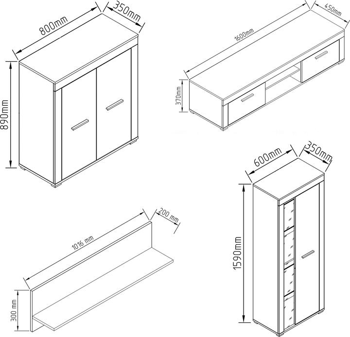 Valeurs nutritives et ingrédients VCM 4 pcs. Ensemble de meubles muraux Meuble-paroi Usilo XL (300 x 37 x 159 cm)