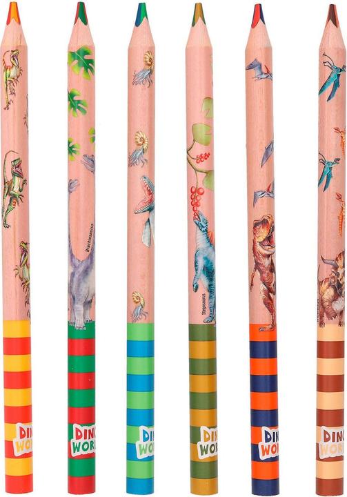 Produktbild Magni Depesche 12100 Dino World-Multicolor Buntstifte Set in Holz-Optik und Dinomotiven, 6 Dicke Stifte in (6x)