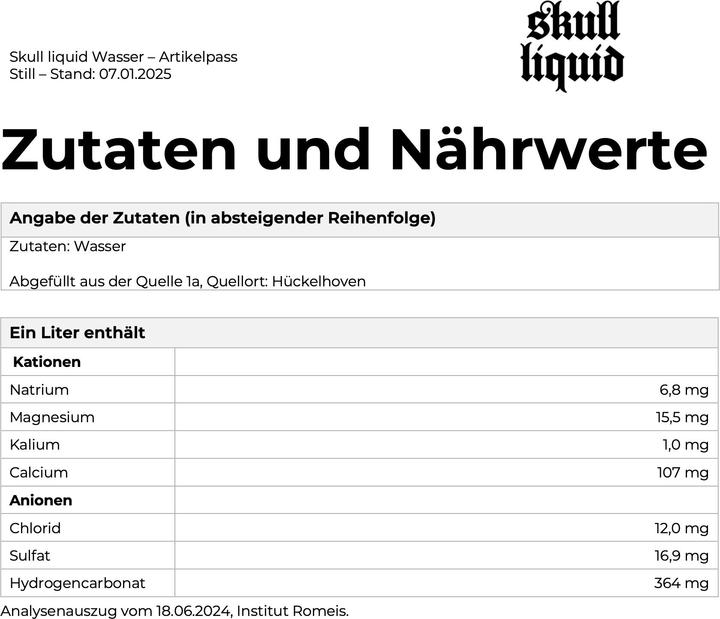 Nutritional values and ingredients Skull Liquid Water sparkling (12 x 568ml Dose) (12 x 56.8 cl)