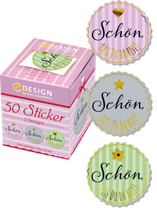 Produktbild Avery Dennison Zweckform ZDesign Sticker "Schön, dass du da bist!" auf Rolle, Etiketten aus Papier, gold geprägt, s