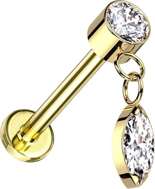 Image du produit Hollywood Body Jewelry Micro Labret Filetage intérieur doré Cylindre doré Cristaux argent Pendentif Cristal ovale argent (Titane, sans laiton)