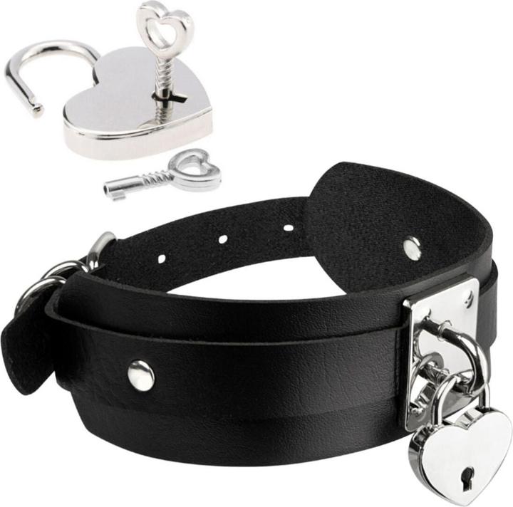 Kinky Diva heart lock & key collar noir/argenté