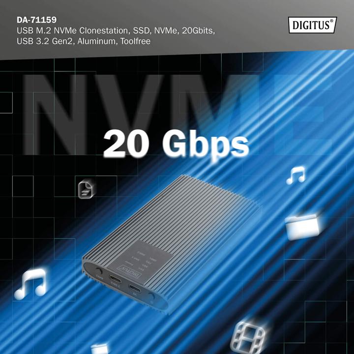 Actual product image Digitus USB M.2 NVMe Clonestation, SSD, NVMe, 20Gbits, USB 3.2 Gen2, aluminum, toolfree (M.2 2280, M.2 2260, M.2 2242, M.2 2230)