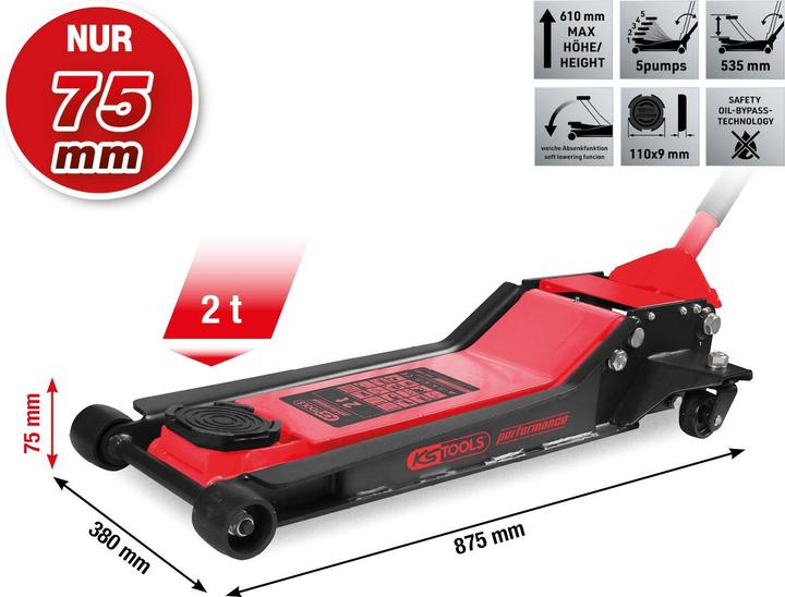 Actual product image KS Tools - performance Hydraulischer Stahl-Wagenheber, 2000 kg, flach, Hubhöhe: 75-610 mm