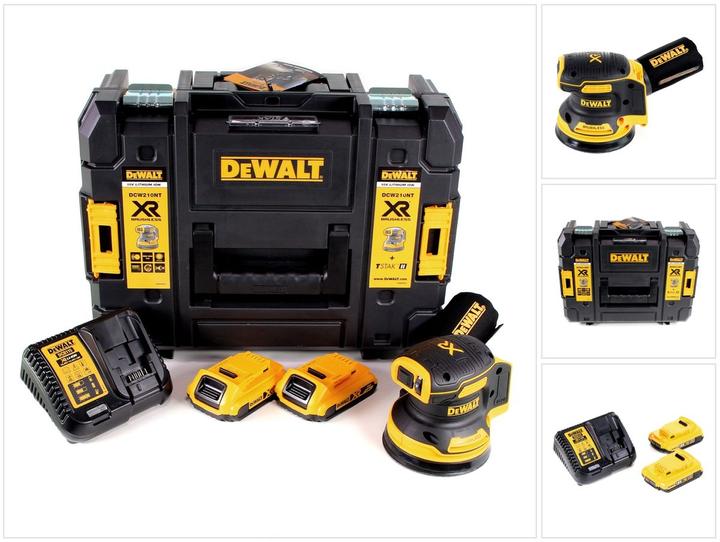 1x levigatrice rotorbitale a batteria DeWalt DCW 210 NT, 1x sacchetto per la polvere, 1x T-STAK Box II, 2x batteria DeWalt DCB 183 Li-Ion 18 V 2.0 Ah, 1x DeWalt DCB 113