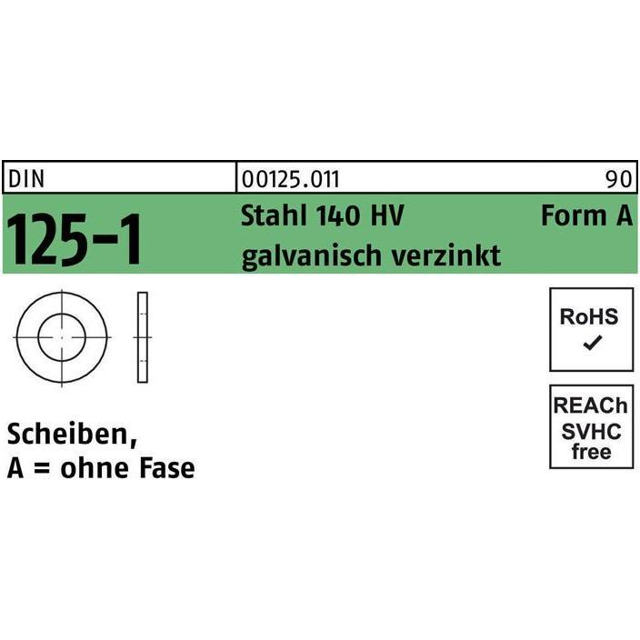 Zubehör Befestigungstechnik, Unterlegscheibe DIN 125-1 Form A 4,3 x 9 x0,8 Stahl 140 HV galvanisch verzinkt