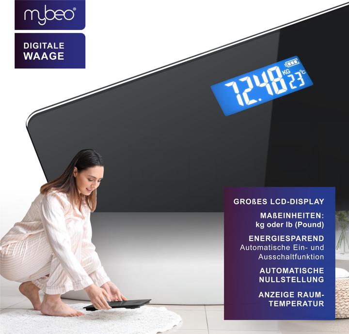 Actual product image Mybeo Personenwaage digital, Trittfläche aus 6mm Sicherheitsglas, schmales Design, max.180 kg Belastung (180 kg)