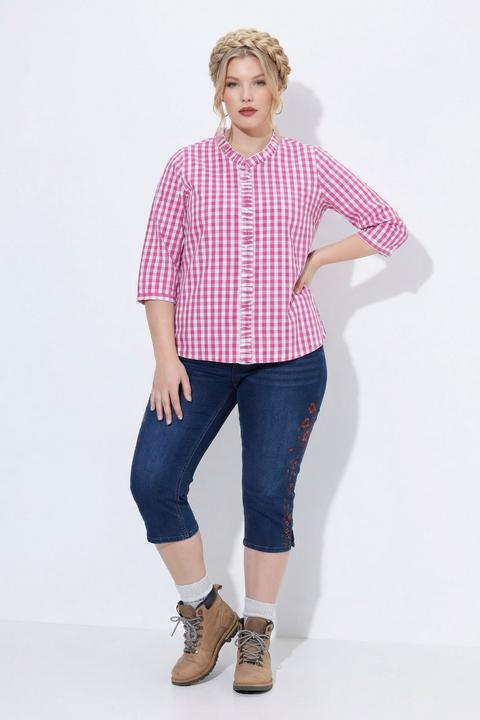 Actual product image Ulla Popken Checked Ruffle Trim 3/4 Sleeve Button-Down Shirt (60)