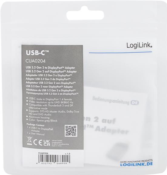 Produktbild LogiLink USB 3.2 Gen2 Type-C-Adapter, USB-C/M zu DP/F, 8K, Alu, schwarz/grau (4 cm)