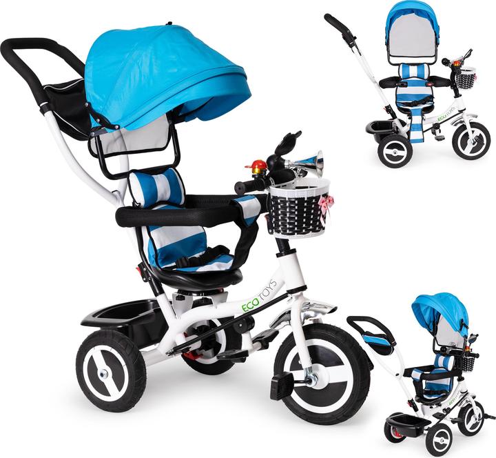 EcoToys Tricycle avec toit et barre de guidage bleu