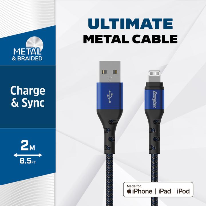 Actual product image Energizer Metal / braided nylon cable - Lightning - 2m, blue (2 m, USB 3.2 Gen 1)