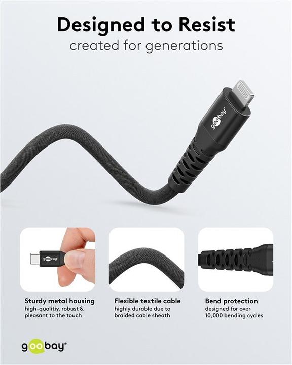 Actual product image Goobay Lightning USB-C Supersoft textile cable with metal plugs, 2 m (2 m, USB 2.0, 60 W)