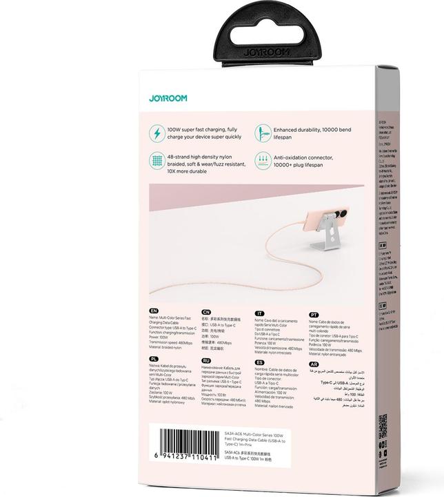 Produktbild Joyroom Multi-Color Series SA34-AC6 USB-A/USB-C-Kabel 100 W, schnelle Übertragung, 1 m – Pink (1 m, USB 3.2 Gen 1, 100 W)