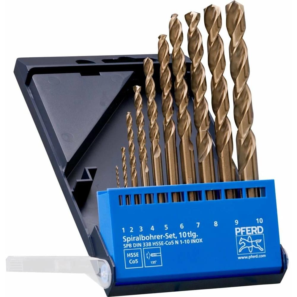 Pferd, Bohrereinsatz, Set of 10 metal drill bits DIN338 HSSE N 1-10 Inox (1, 2, 3, 4, 5, 6, 7, 8, 9, 10 mm)