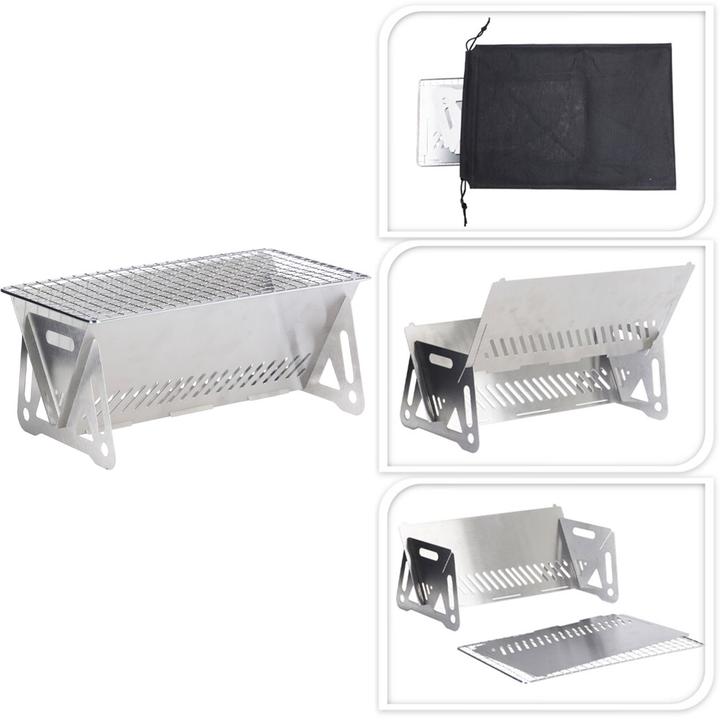 Produktbild Home&Styling Mobiler Mini Holzkohlegrill aus Edelstahl, kompakter Campinggrill 28x15 cm, klappbarer Picknickgrill