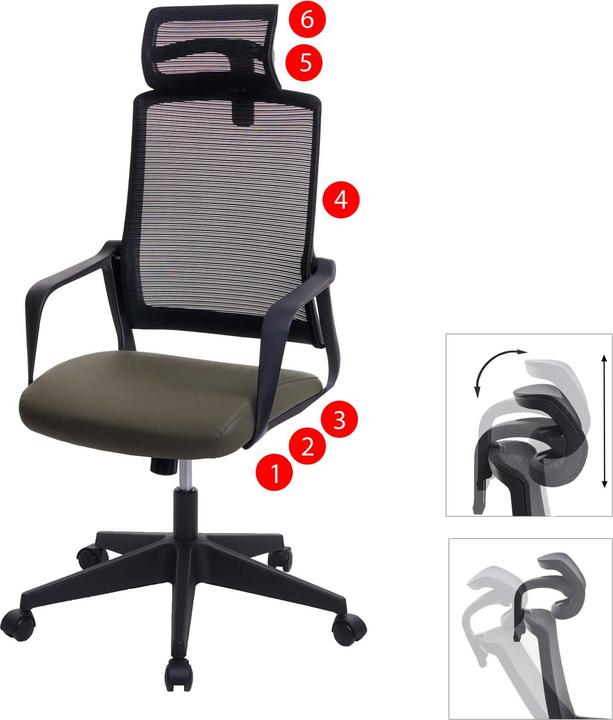 Immagine prodotto Swisshandel24 Sedia da ufficio, sedia girevole da scrivania, poggiatesta ergonomico, similpelle verde oliva (44 - 54 cm)
