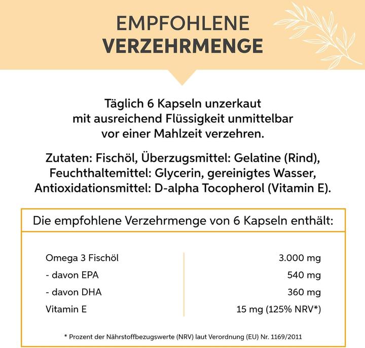 Nutritional values and ingredients Eltabia Omega 3 capsules 500mg fish oil highly dosed 3000mg daily dose with 18% EPA & 12% DHA (100 Piece, Capsules)